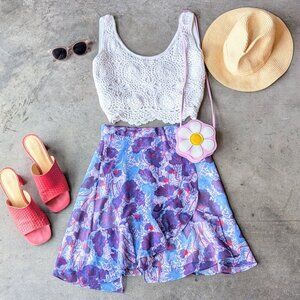 Carven Silk Chiffon Ruffle Faux Wrap Mini Skirt in Violet and Bleu size 4